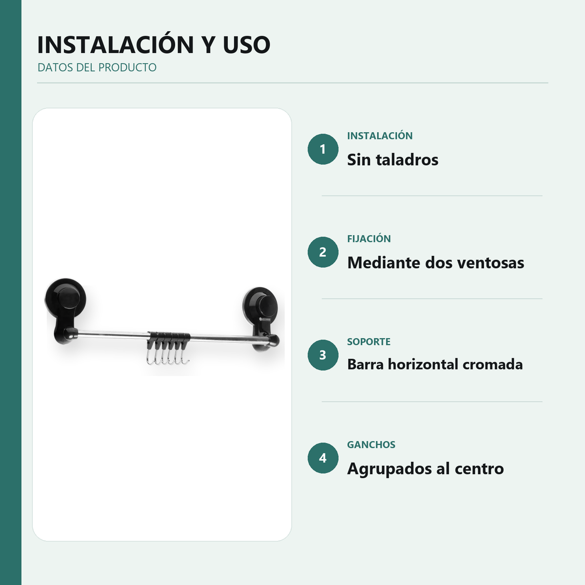 Información de instalación y uso de toallero de barra con ganchos