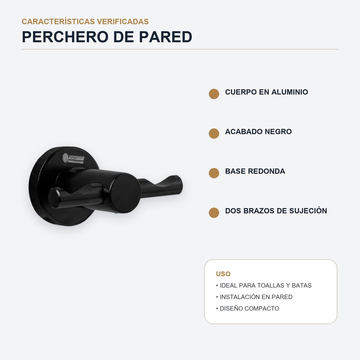 Características del perchero mural de dos ganchos en aluminio negro