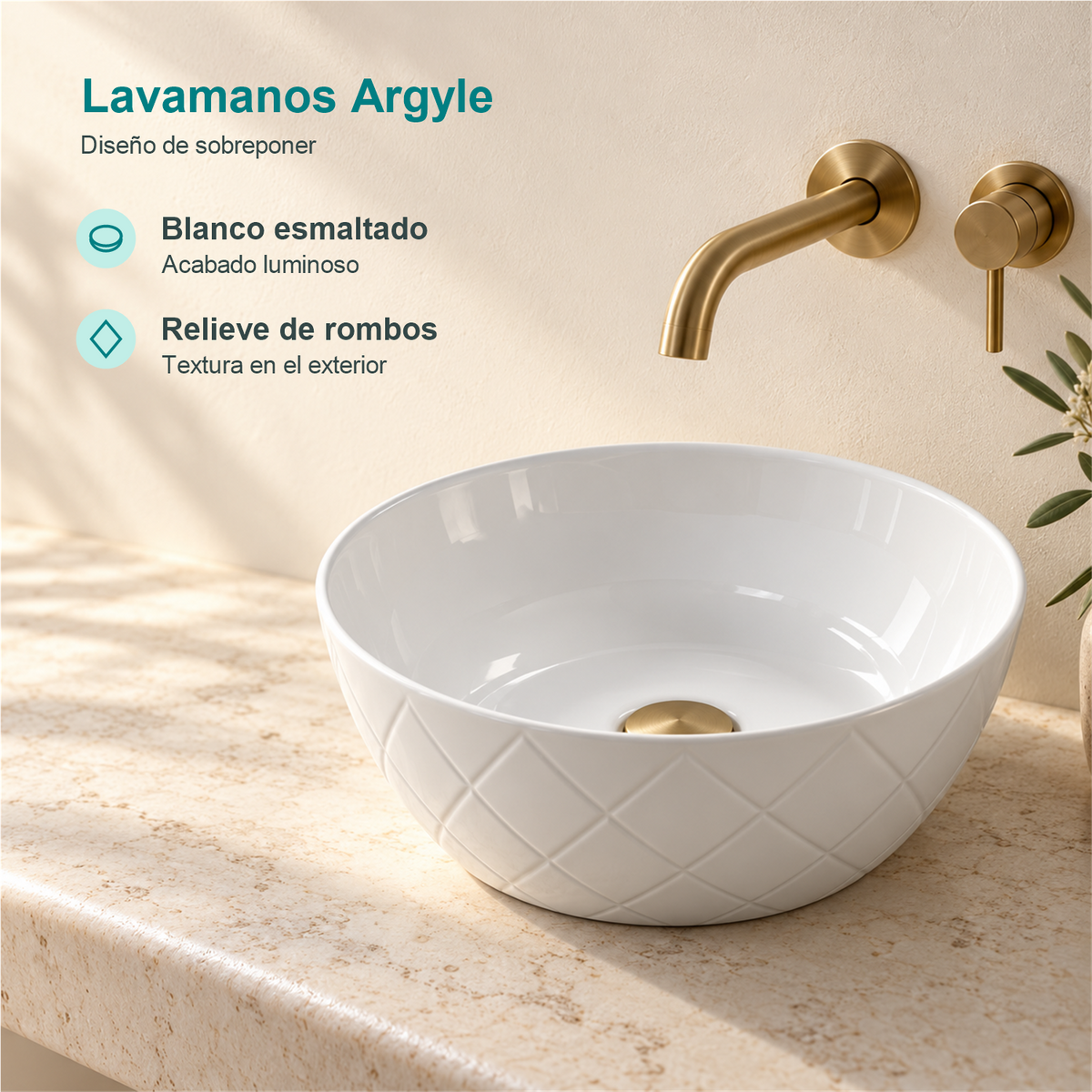 Características del lavamanos Argyle: blanco esmaltado, relieve de rombos e instalación de sobreponer.