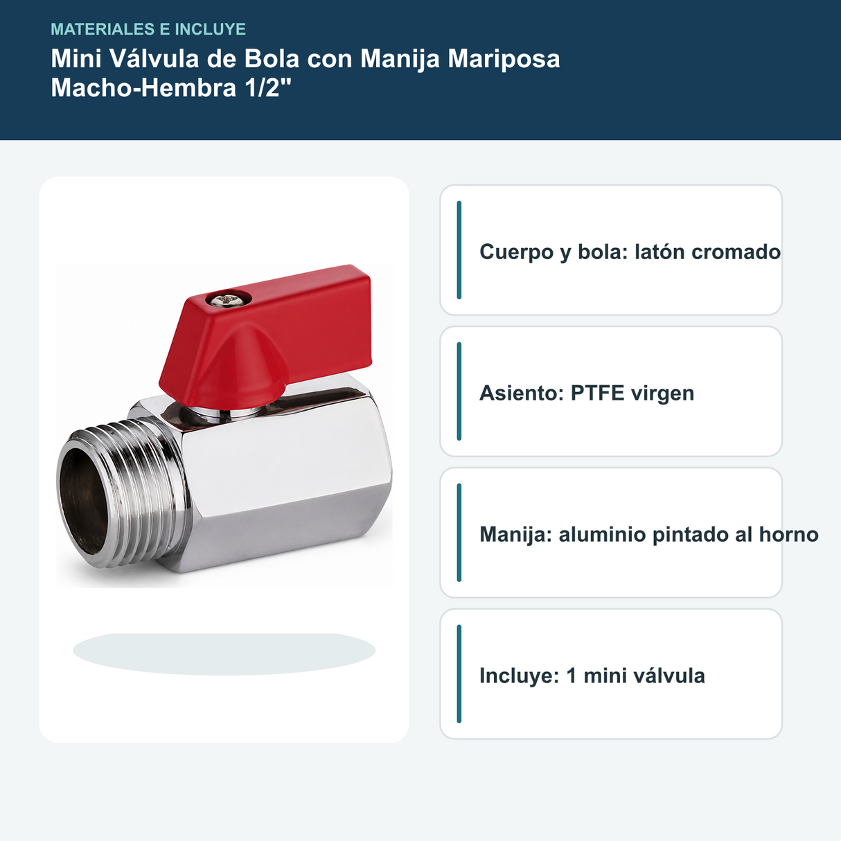 Materiales de mini válvula macho-hembra e incluye una unidad