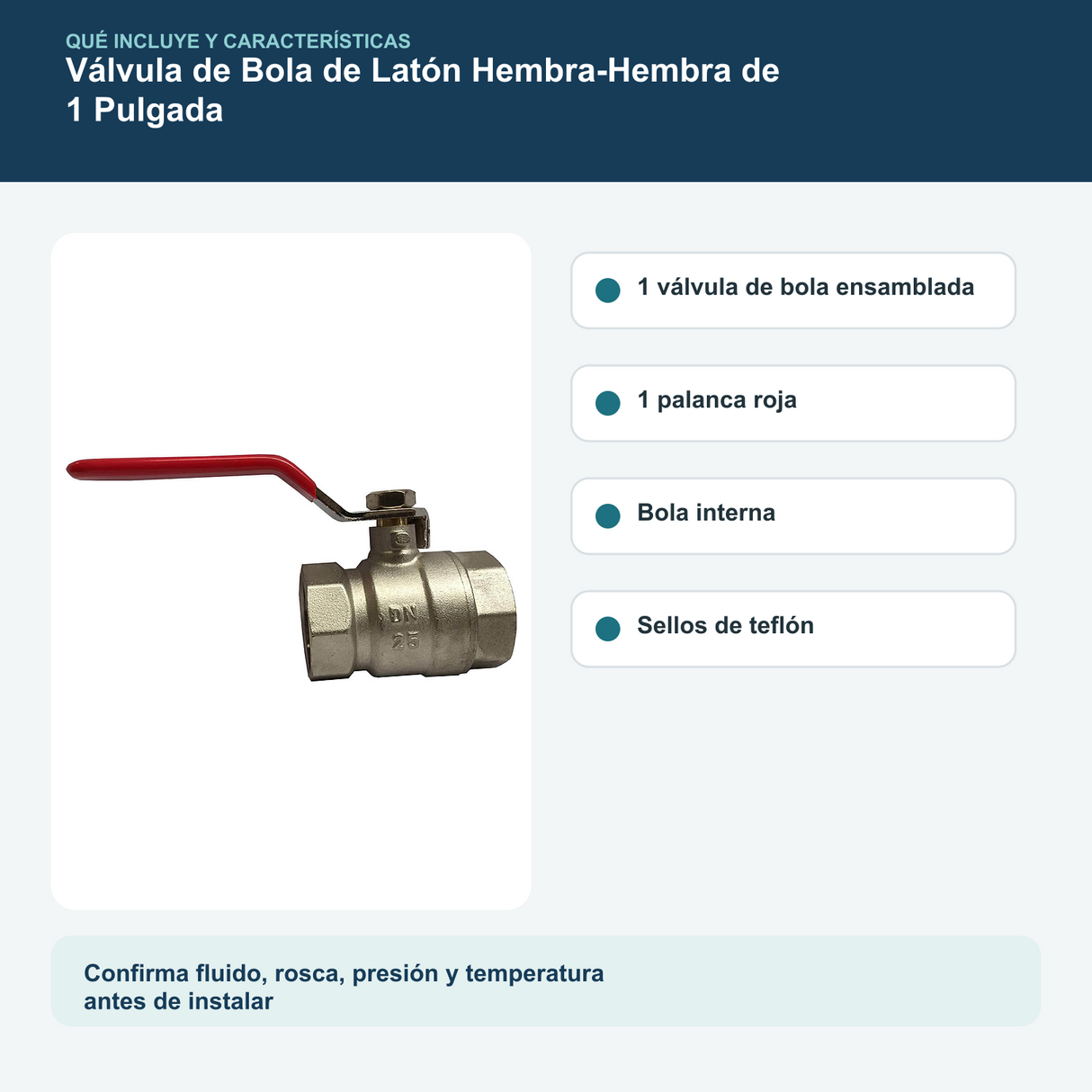 Contenido y características del válvula de bola de latón hembra-hembra de 1 pulgada