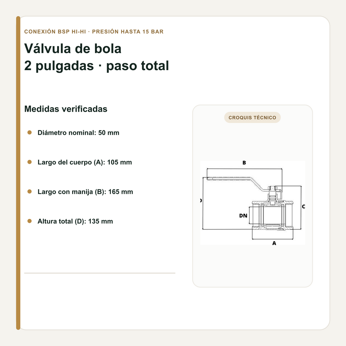 Medidas verificadas de la válvula de bola de 2 pulgadas
