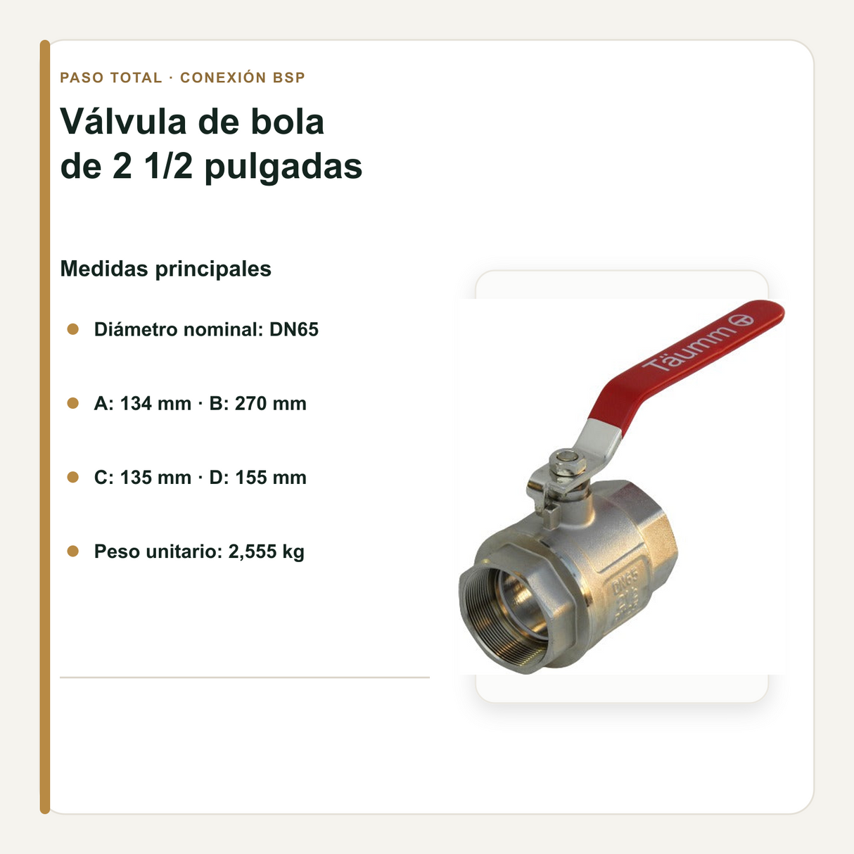 Medidas DN65 y peso de la válvula de bola de 2 1/2 pulgadas