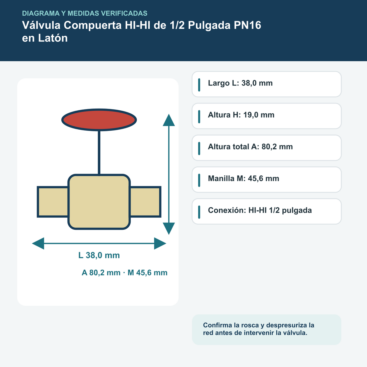 Válvula Compuerta HI-HI de 1/2 Pulgada PN16 en Latón: diagrama o datos técnicos verificados