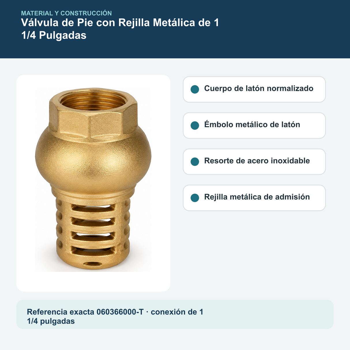 Materiales y construcción verificados del válvula de pie con rejilla metálica de 1 1/4 pulgadas