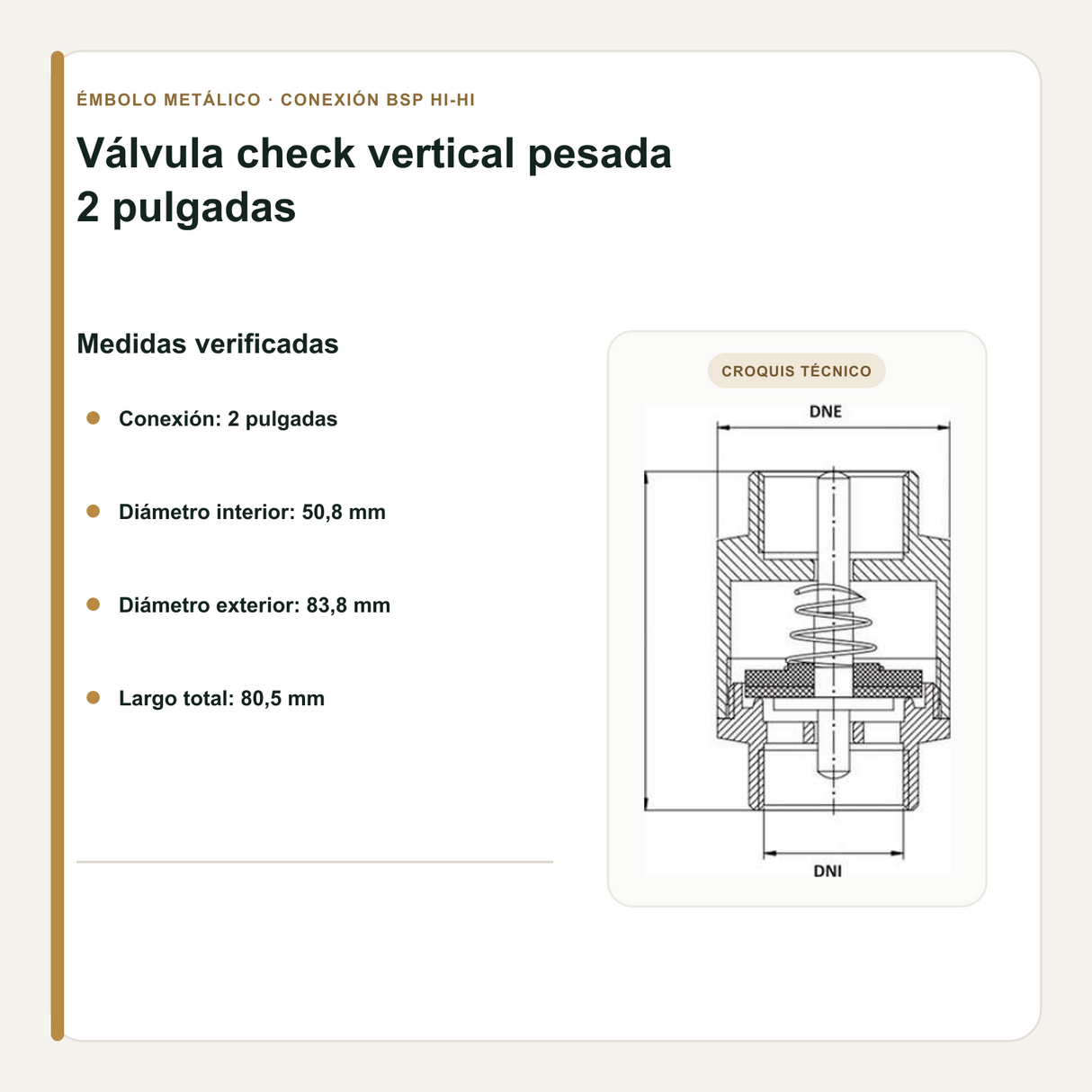 Medidas verificadas de la válvula check vertical pesada