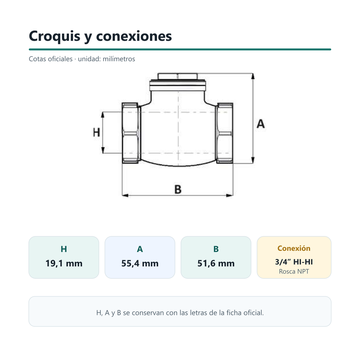 Croquis oficial con cotas H, A y B y conexiones 3/4 pulgada HI-HI NPT