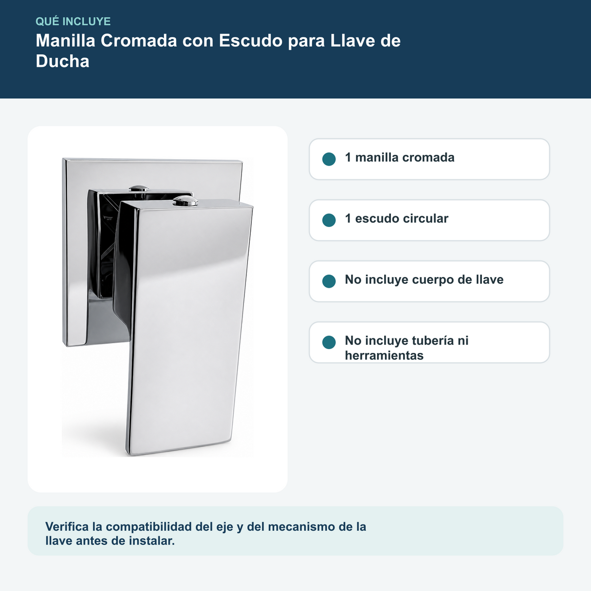 Contenido y características del manilla cromada con escudo para llave de ducha
