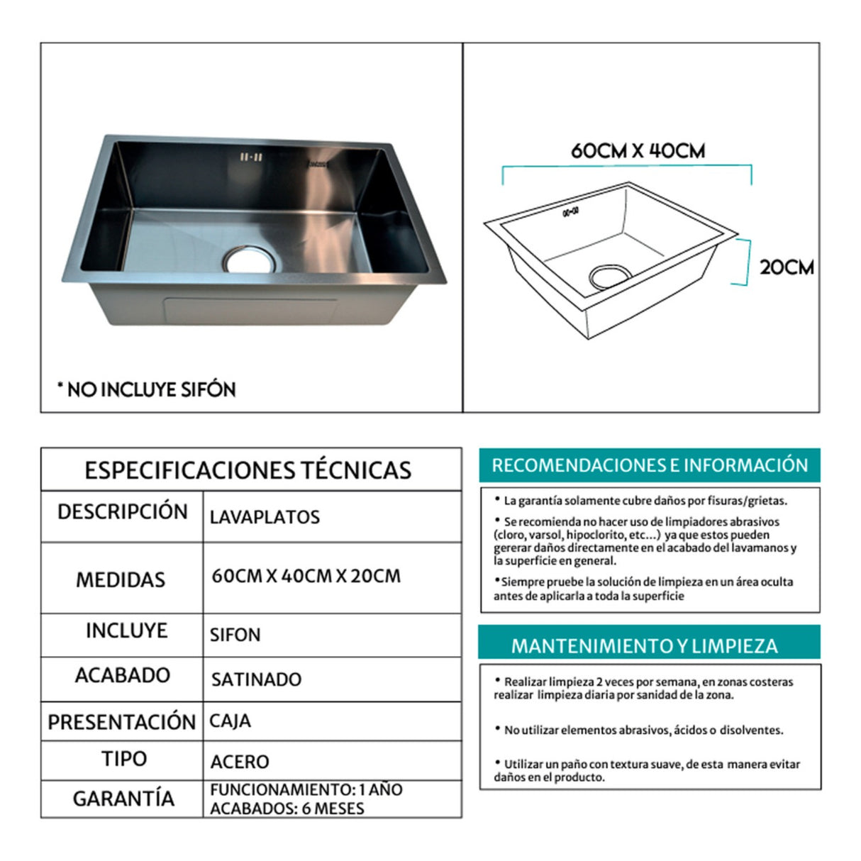 Lavaplatos En Acero 60*40*20cm Negro Con Panel+accesorios