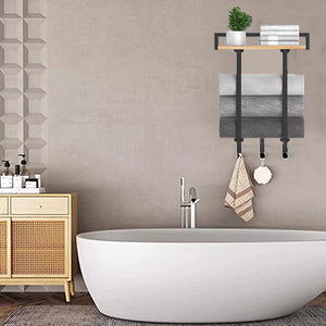 Toallero de Baño con Repisa de Madera y 3 Ganchos – Organizador de Pared para Toallas