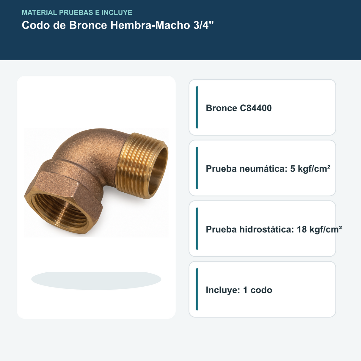 Material y pruebas de presión del codo de bronce e incluye una unidad