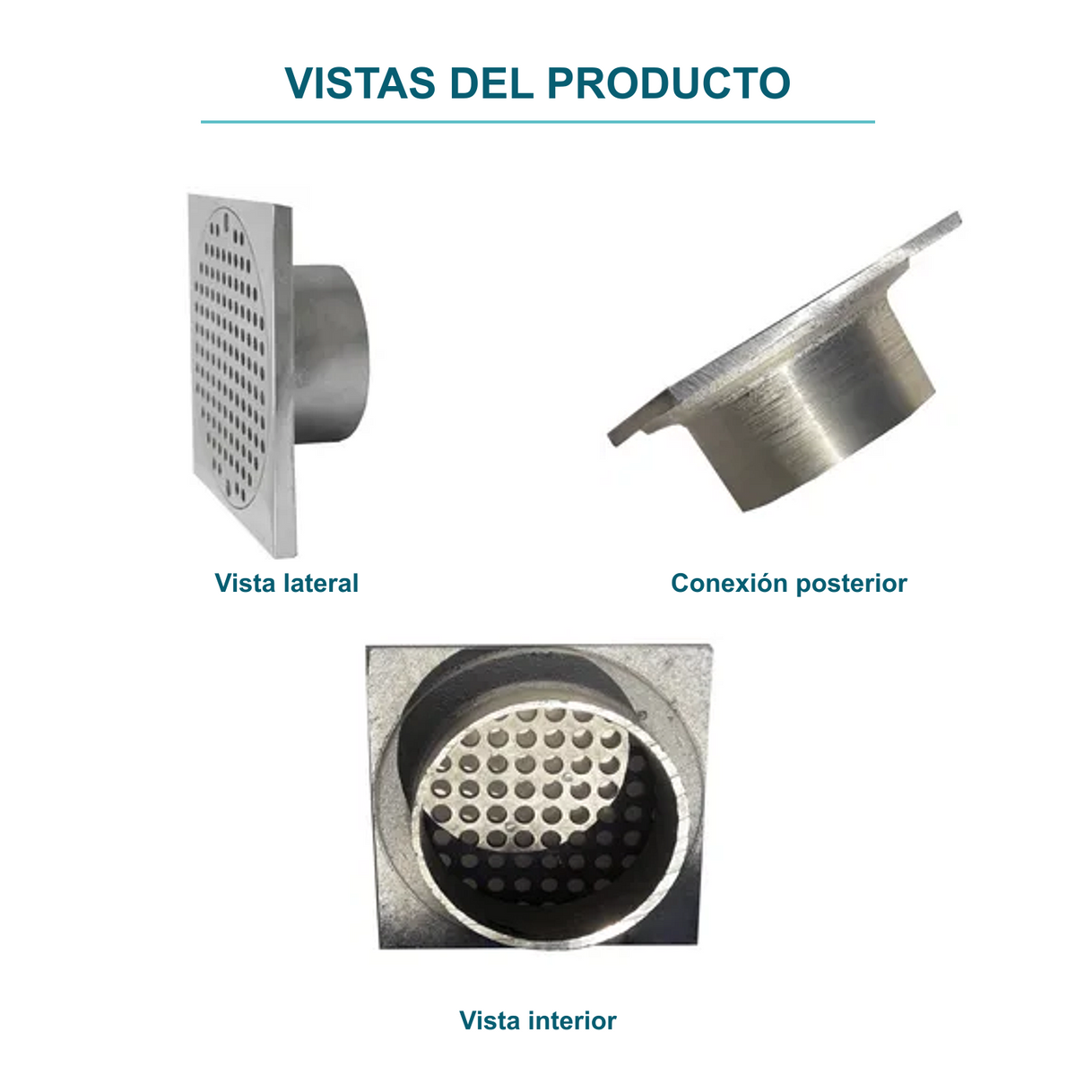 Vistas lateral, conexión posterior e interior de la rejilla anticucaracha