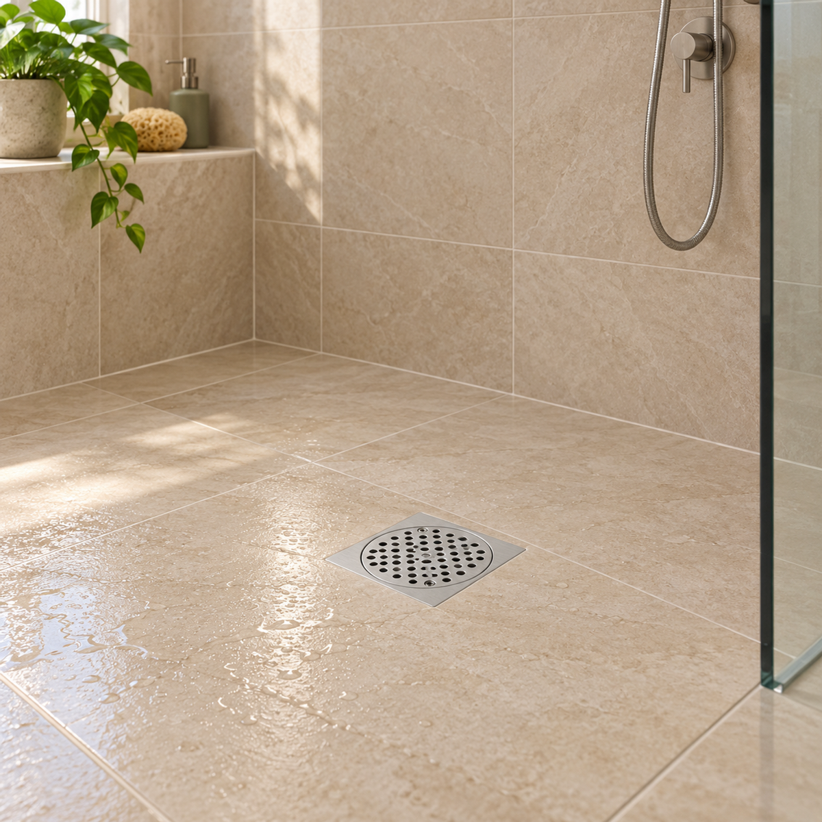 Rejilla de aluminio instalada en ducha de baldosas beige