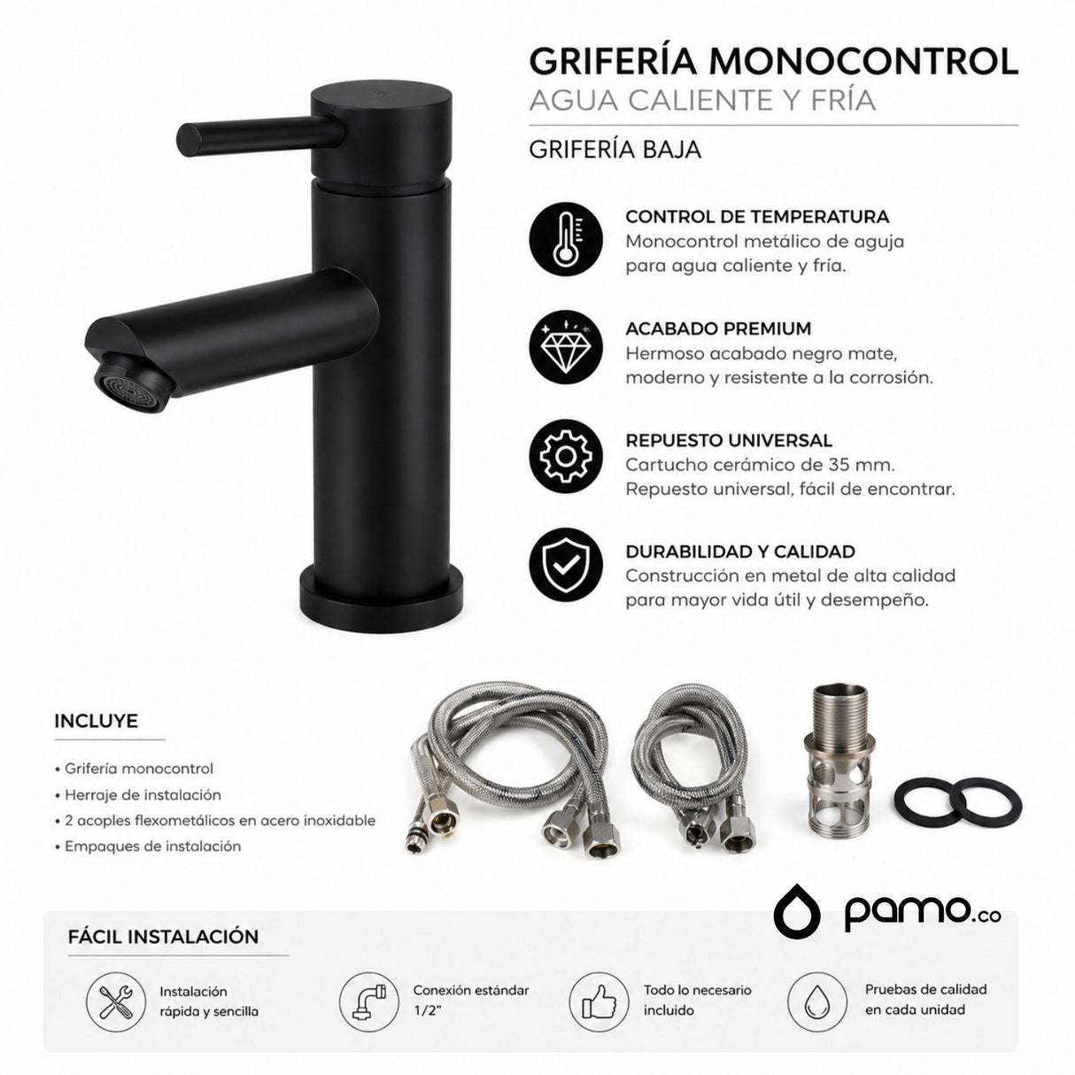 Grifería Lavamanos Baja Negra Mate Cuello Recto Monocontrol Premium