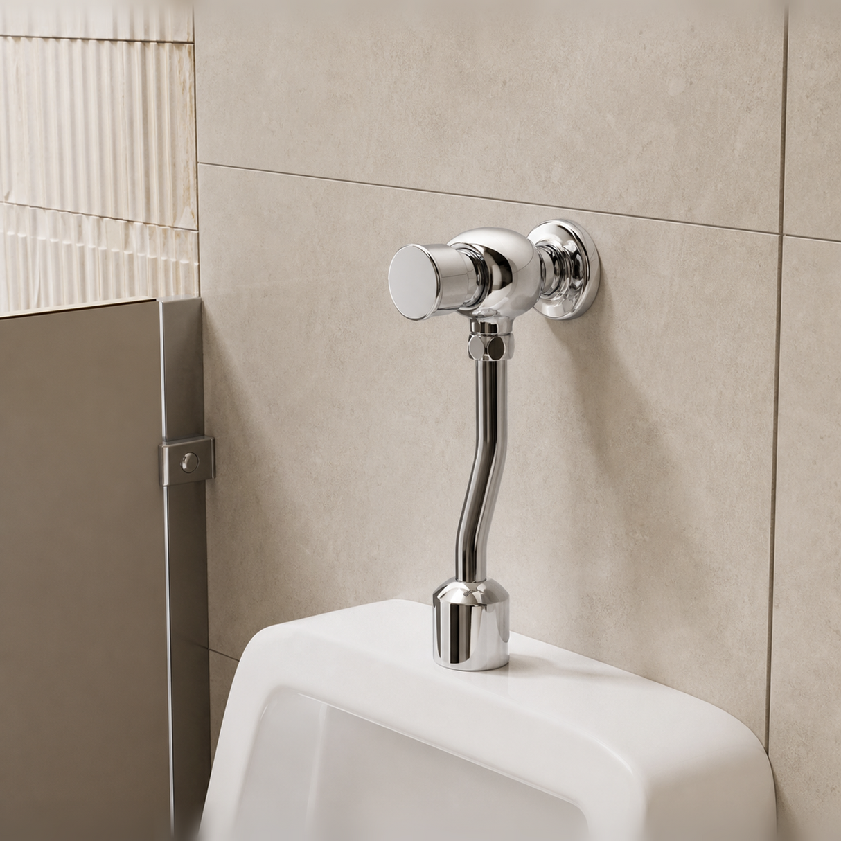 Segunda perspectiva del fluxómetro cromado para urinario