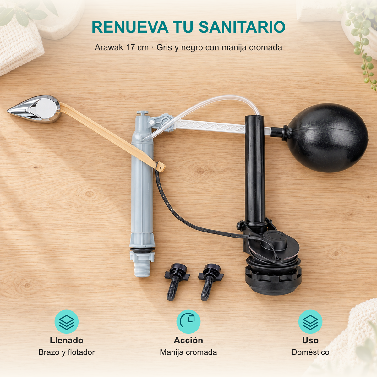 Conjunto de grifería sanitaria Arawak de 17 cm con manija cromada: Llenado: Brazo y flotador; Acción: Manija cromada; Uso: Doméstico.