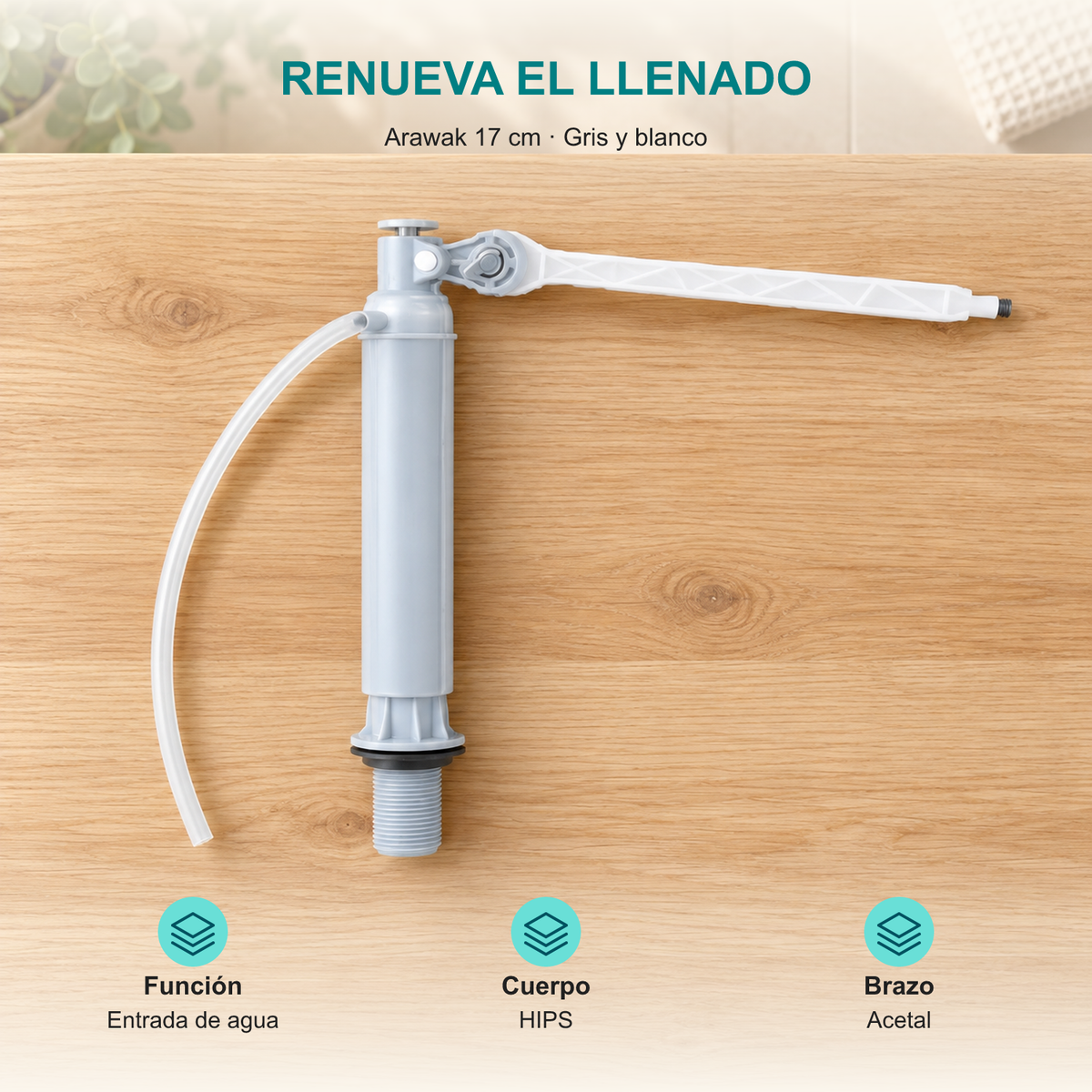 Válvula de entrada para sanitario Arawak de 17 cm: Función: Entrada de agua; Cuerpo: HIPS; Brazo: Acetal.