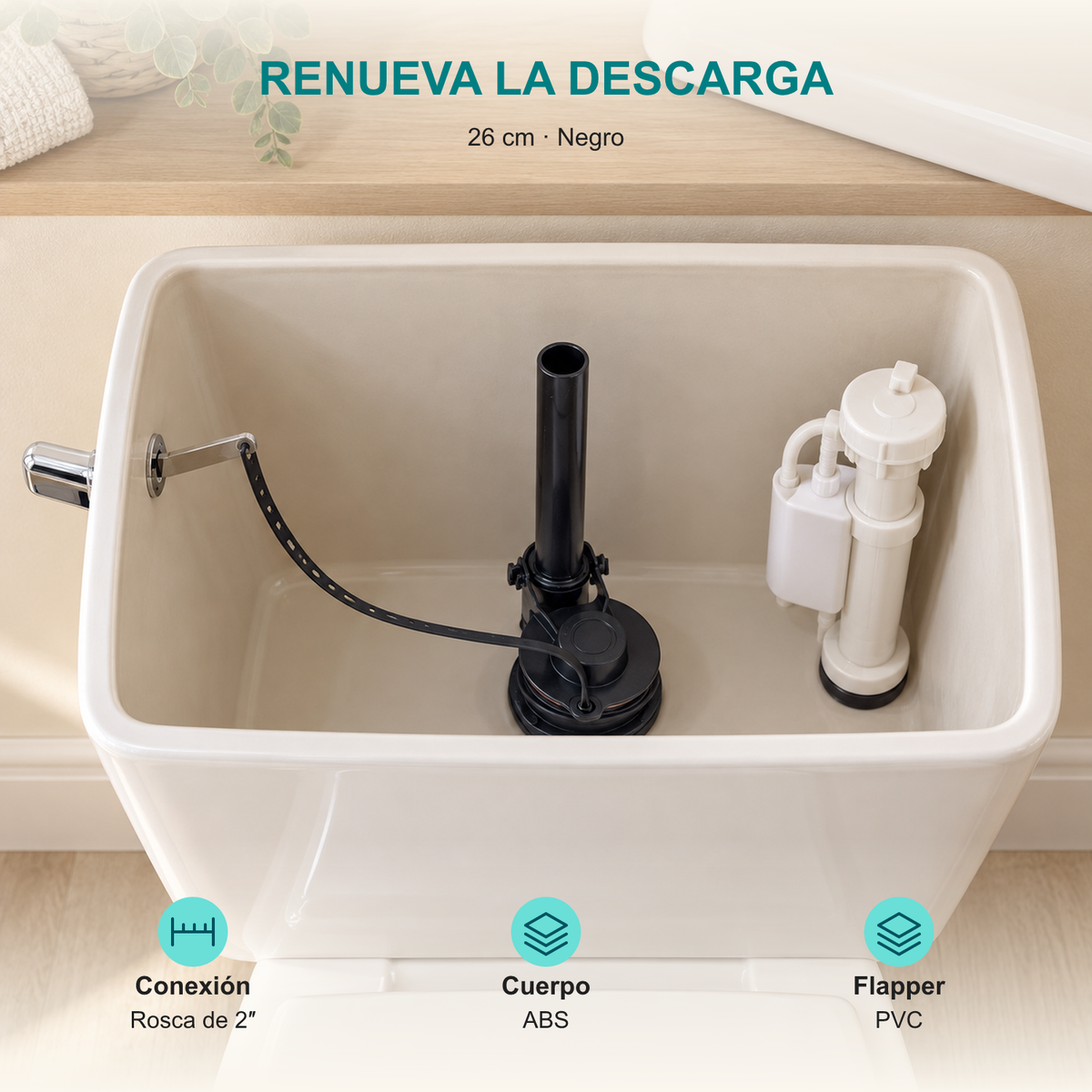 Válvula de salida para sanitario 26 cm: Conexión: Rosca de 2″; Cuerpo: ABS; Flapper: PVC.