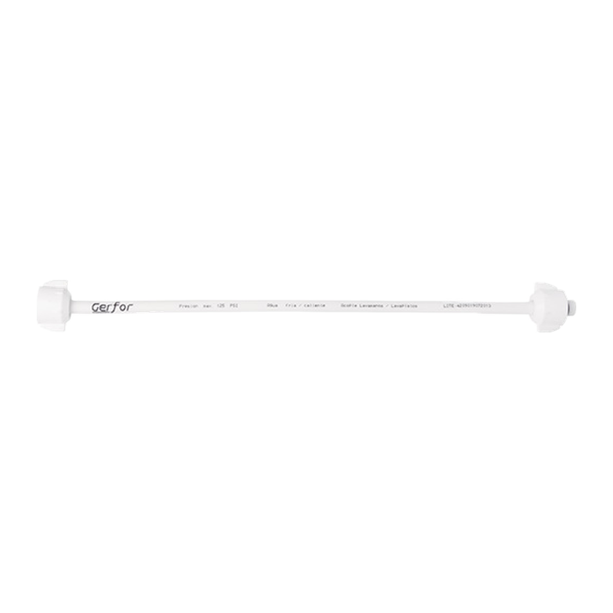 Acople flexible para sanitario de 40 cm y ½ × 15/16 pulgadas sobre fondo blanco. Blanco.