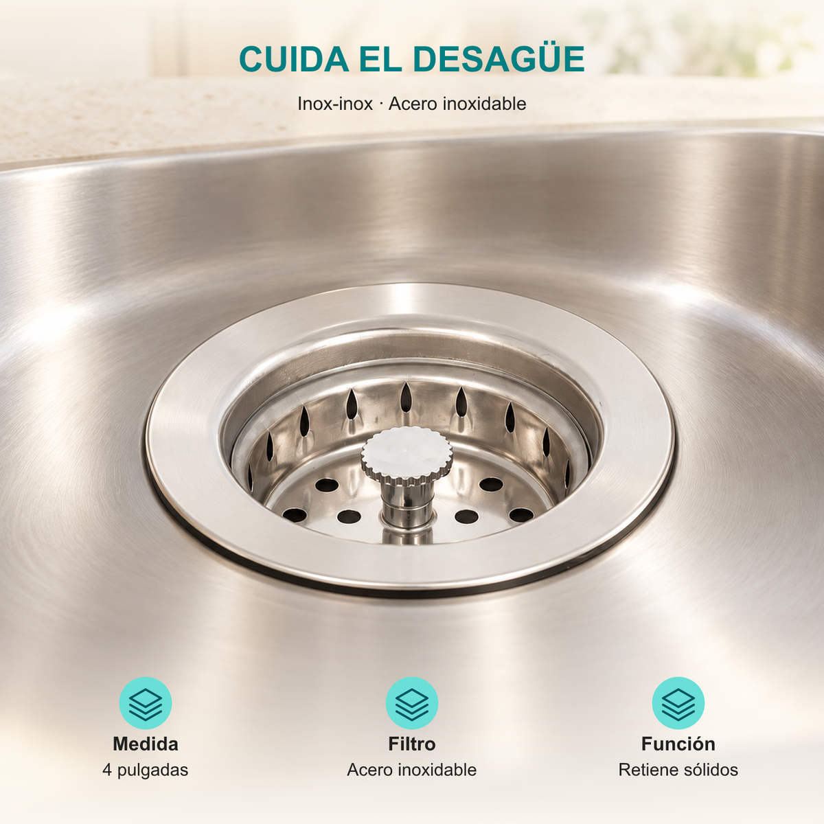 Canastilla para lavaplatos inox-inox de 4 pulgadas: Medida: 4 pulgadas; Filtro: Acero inoxidable; Función: Retiene sólidos.