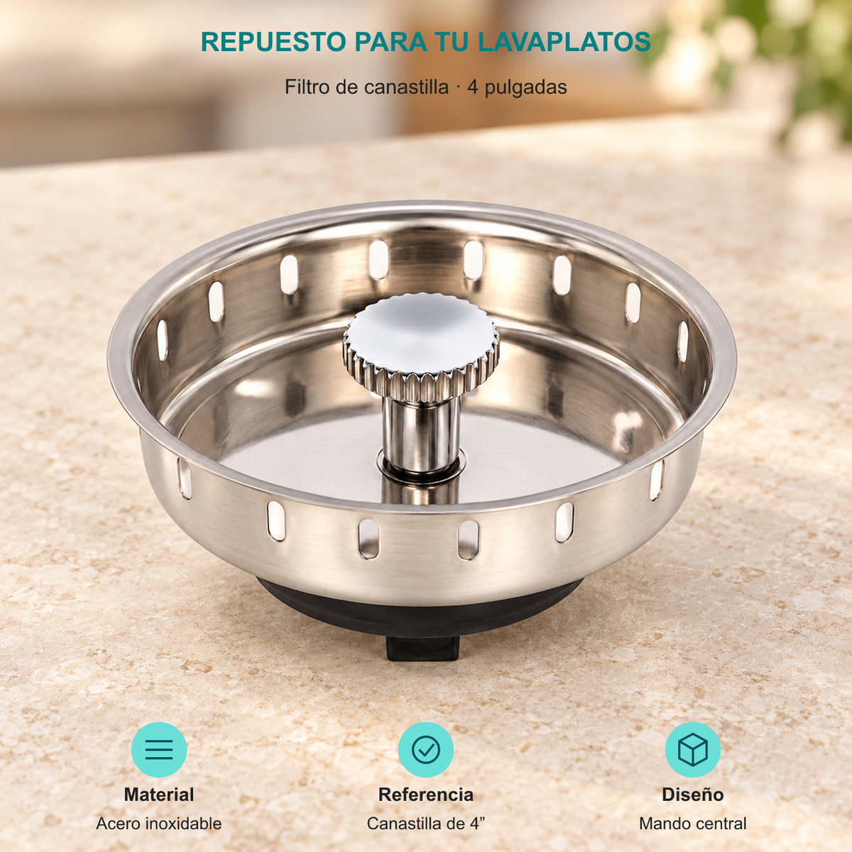 Filtro de canastilla · 4 pulgadas. Material: Acero inoxidable. Referencia: Canastilla de 4”. Diseño: Mando central.