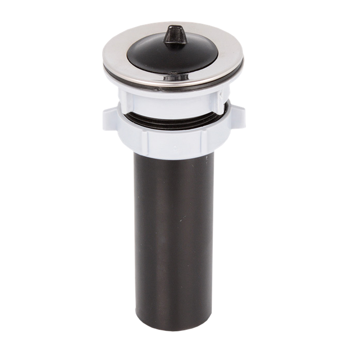 Canastilla para lavaplatos Trevi cromada de 2 pulgadas sobre fondo blanco. Borde cromado, tapón y tubo negros.