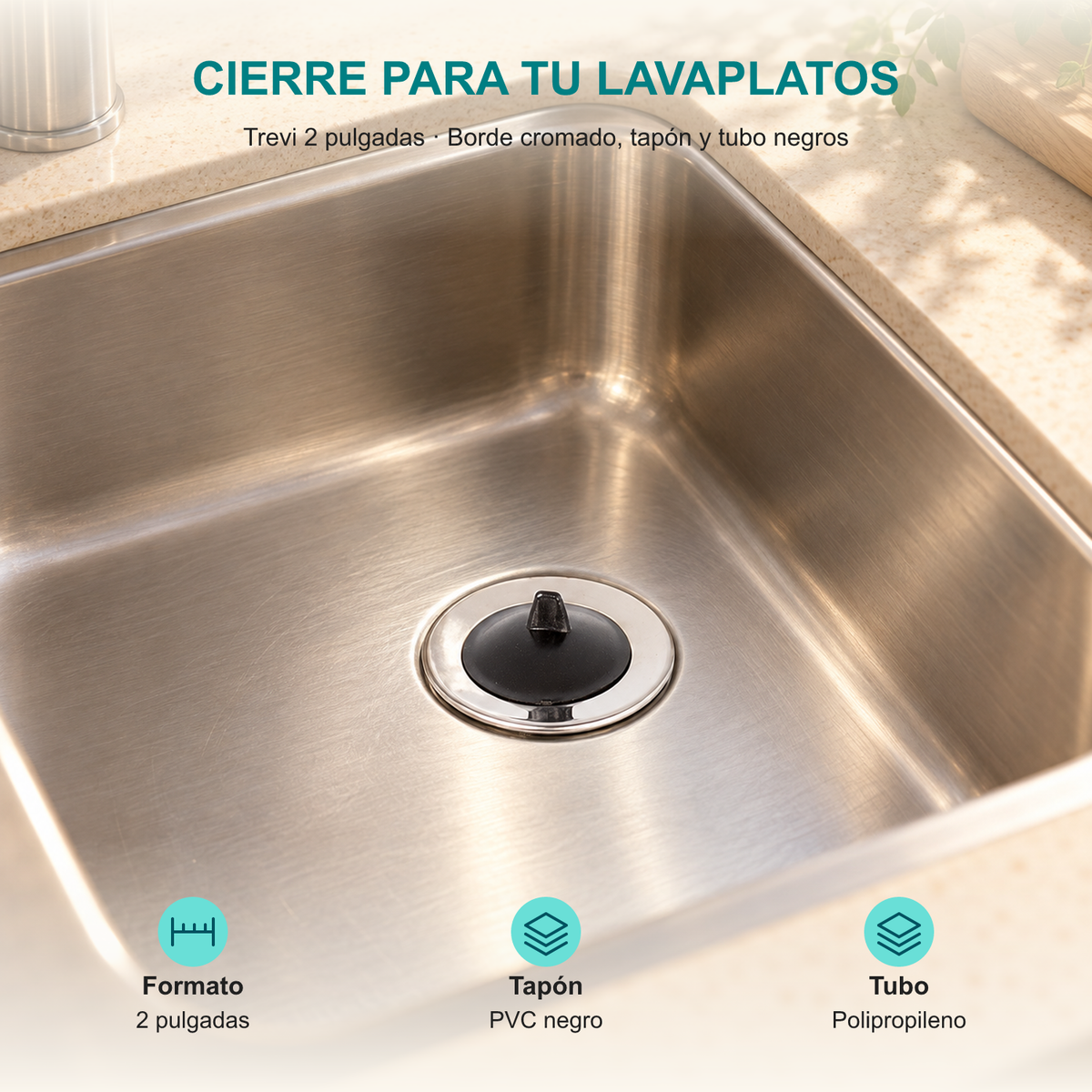 Canastilla para lavaplatos Trevi cromada de 2 pulgadas: Formato: 2 pulgadas; Tapón: PVC negro; Tubo: Polipropileno.