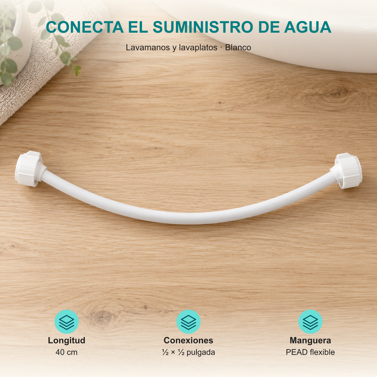 Acople flexible para lavamanos y lavaplatos de 40 cm y ½ × ½ pulgada: Longitud: 40 cm; Conexiones: ½ × ½ pulgada; Manguera: PEAD flexible.