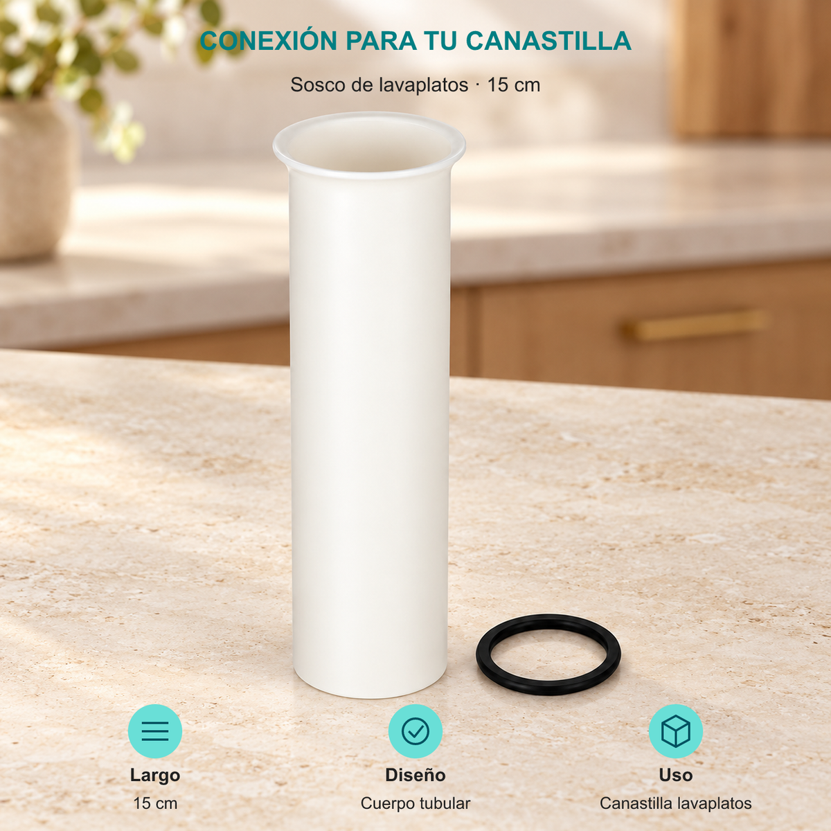Sosco de lavaplatos · 15 cm. Largo: 15 cm. Diseño: Cuerpo tubular. Uso: Canastilla lavaplatos.
