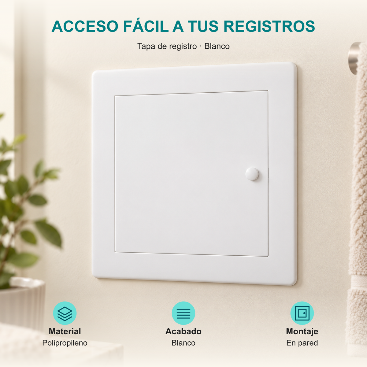 Tapa de registro blanca de 20 × 20 cm: Material: Polipropileno; Acabado: Blanco; Montaje: En pared.