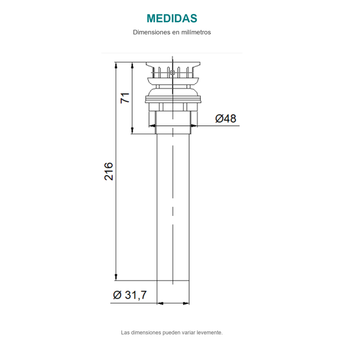 Croquis original de desagüe sencillo sin rebose cromado de 216 mm, con sus cotas originales sin repasar trazos.