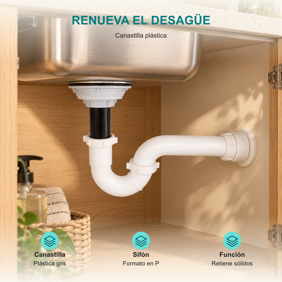 Conjunto de sifón en P con canastilla plástica de 110,4 mm: Canastilla: Plástica gris; Sifón: Formato en P; Función: Retiene sólidos.