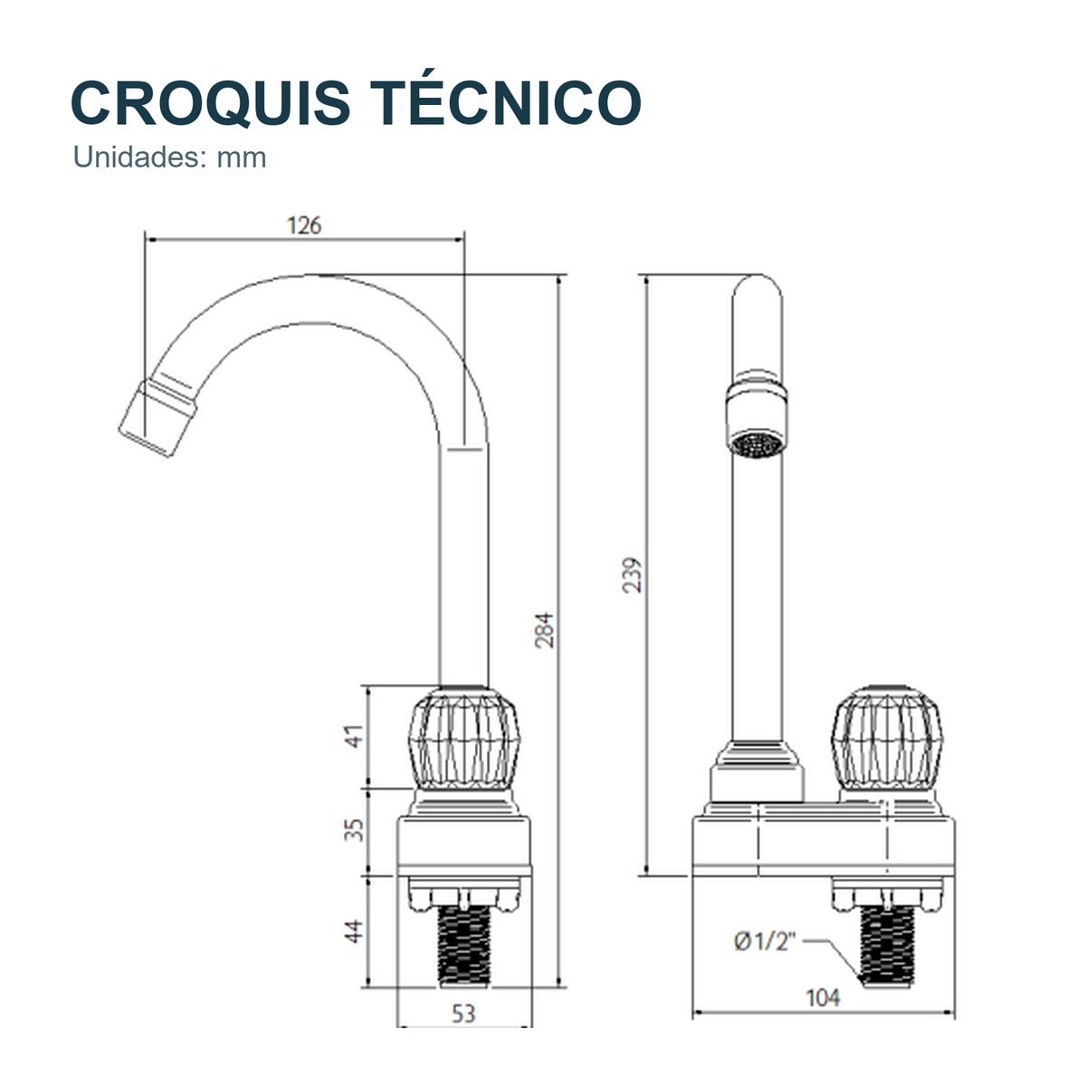 Croquis técnico de Llave individual para lavaplatos de mesa Aquarius con base plataforma
