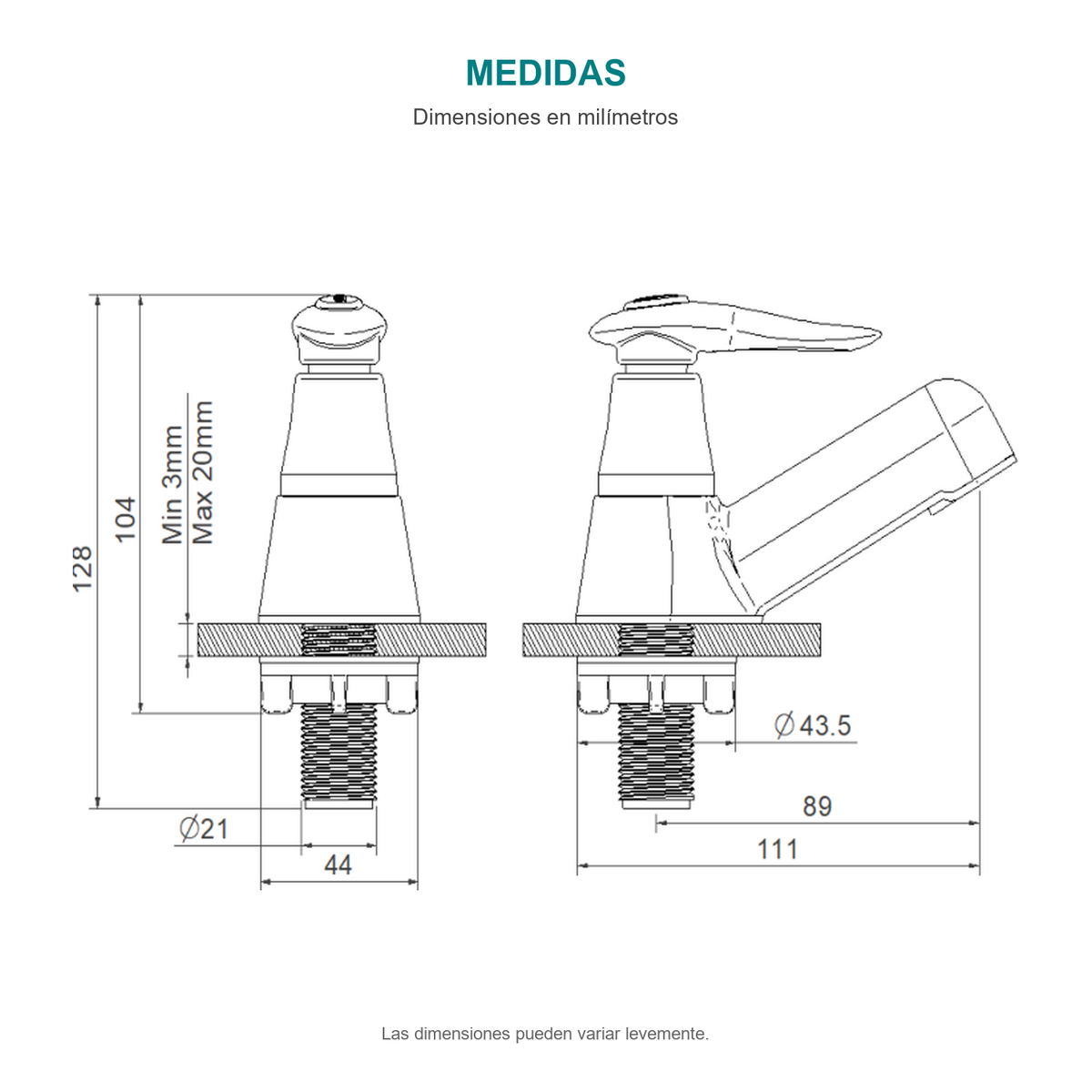 Croquis original de llave individual para lavamanos Slim con dimensiones en milímetros.