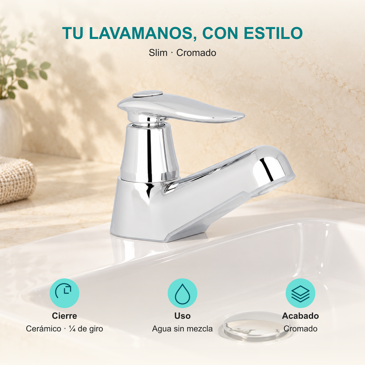 Llave individual para lavamanos Slim: Cierre: Cerámico · ¼ de giro; Uso: Agua sin mezcla; Acabado: Cromado.