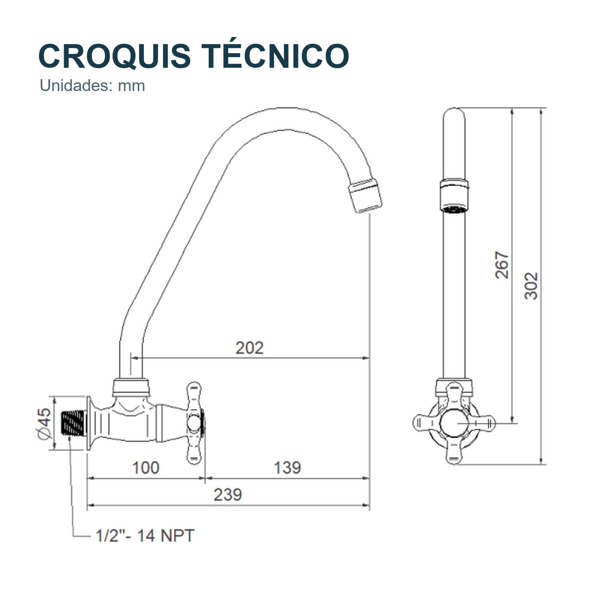 Croquis técnico de Llave individual para lavaplatos de pared Antius cromada