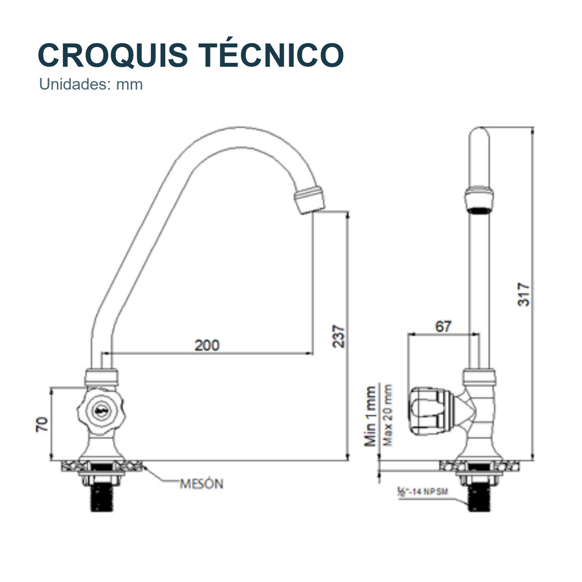 Croquis técnico de Llave individual para lavaplatos de mesa Aqua cromada