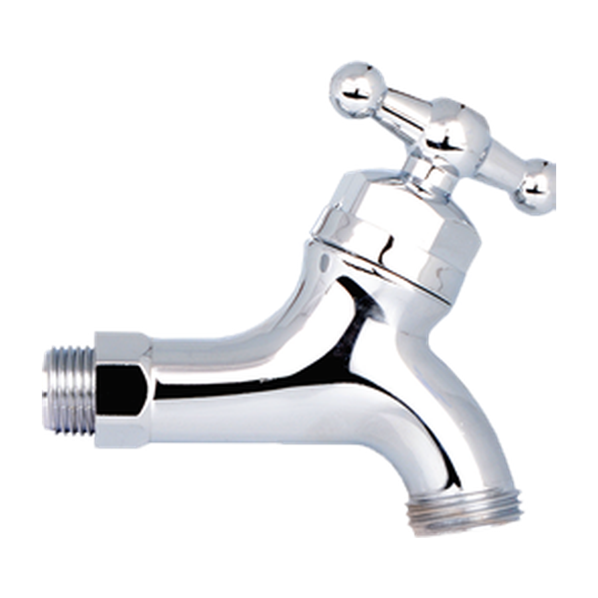 Llave para manguera plástica cromada de media pulgada sobre fondo blanco. Cromado.