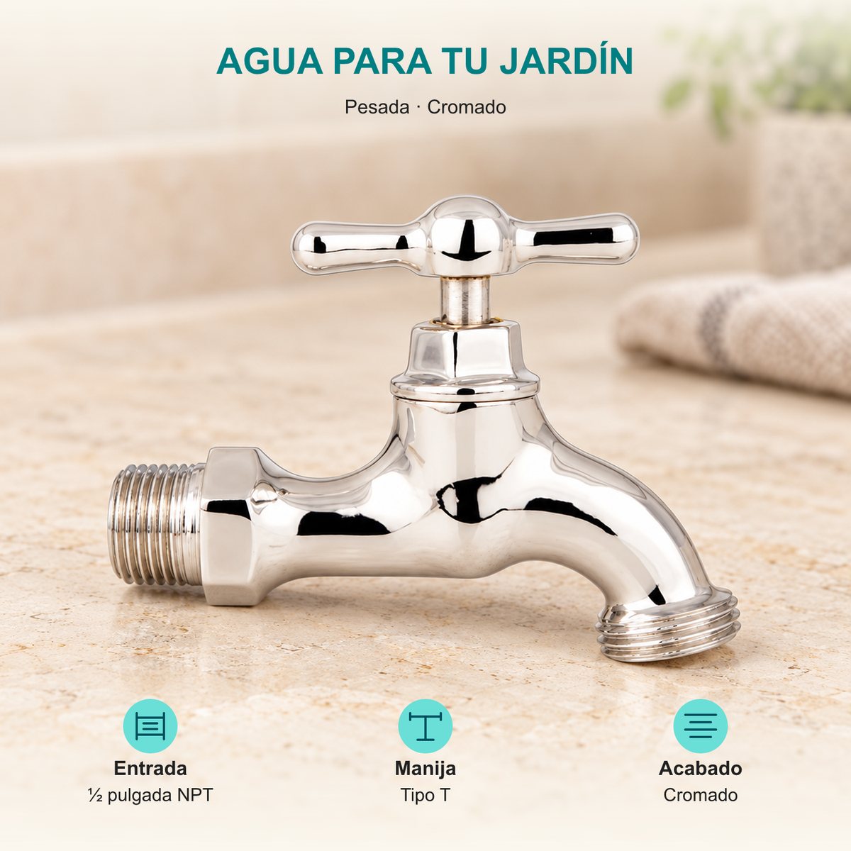 Llave para manguera pesada cromada de media pulgada: Entrada: ½ pulgada NPT; Manija: Tipo T; Acabado: Cromado.