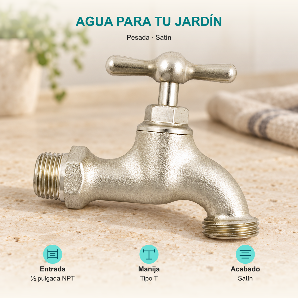 Llave para manguera pesada satín de media pulgada: Entrada: ½ pulgada NPT; Manija: Tipo T; Acabado: Satín.
