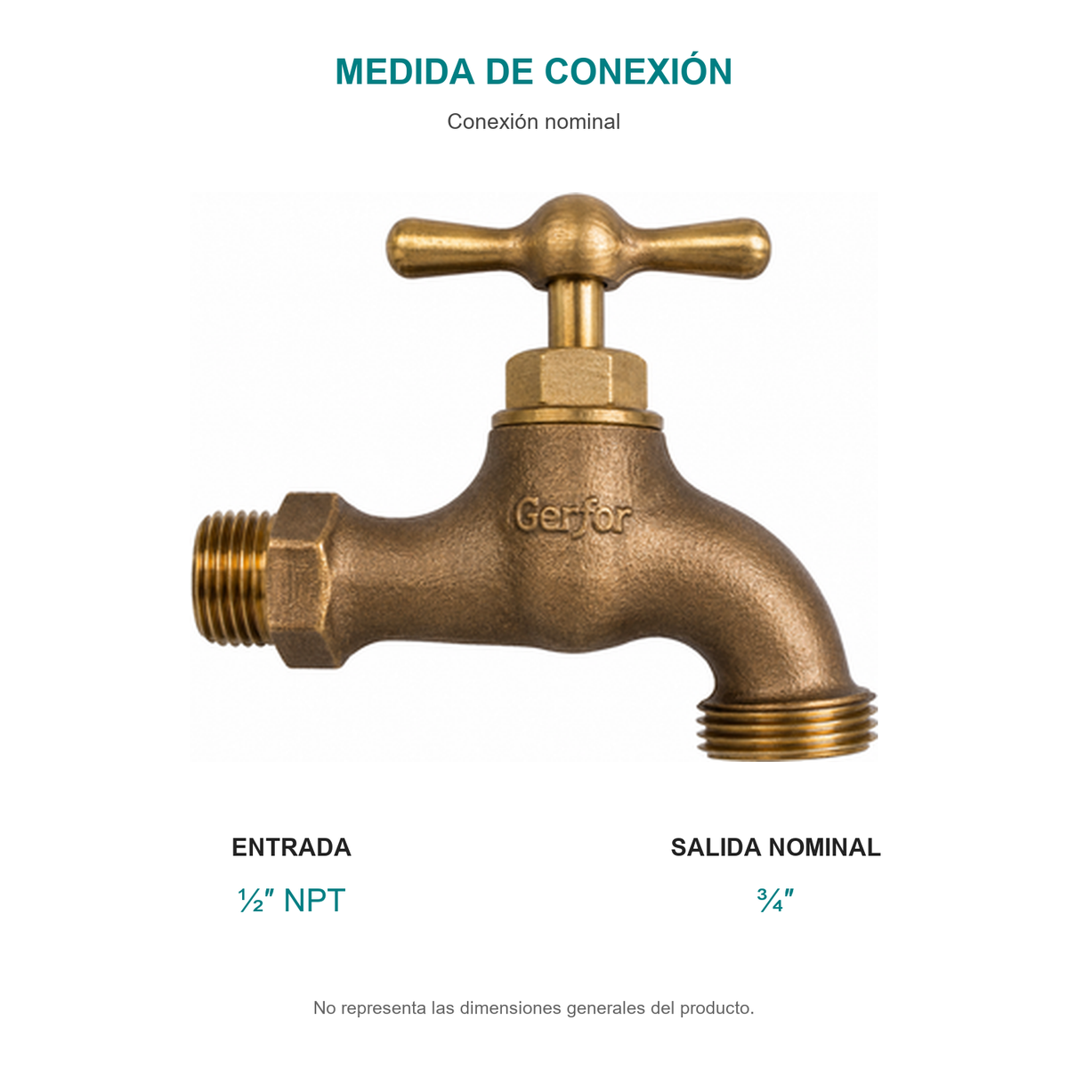 Llave para manguera pesada de latón de media pulgada. Entrada nominal de media pulgada NPT y salida nominal de tres cuartos de pulgada; no representa dimensiones generales.