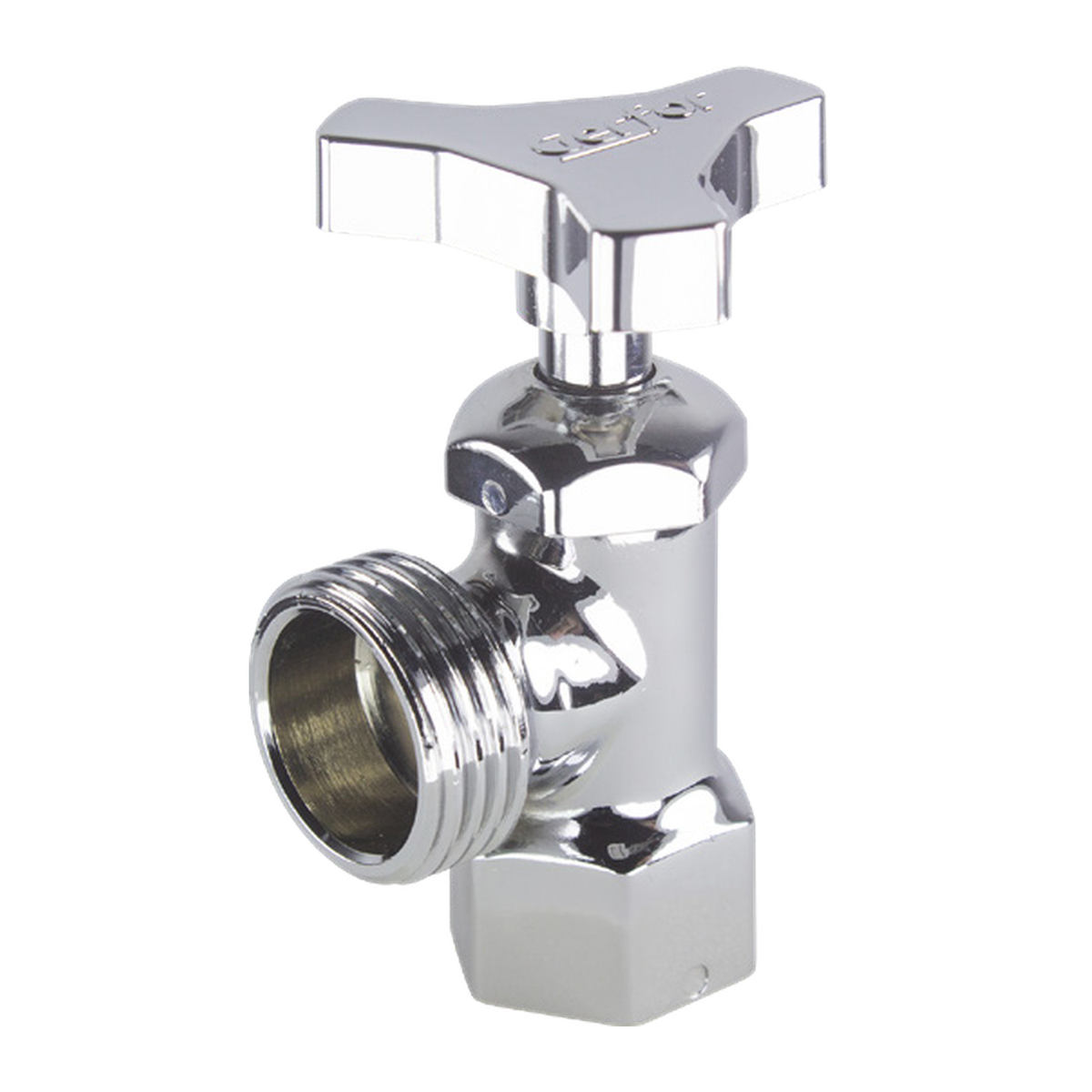 Llave para lavadora metálica cromada de media pulgada sobre fondo blanco. Cromado.