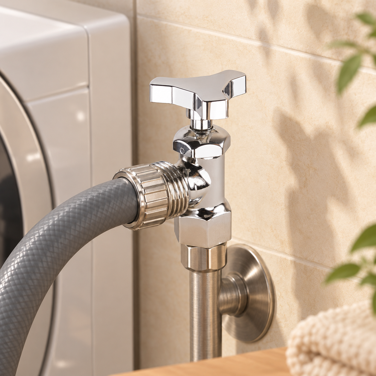 Llave para lavadora metálica cromada de media pulgada en una escena de baño. Instalación ilustrativa; los demás elementos no están incluidos.