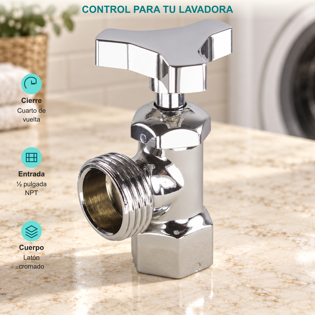 Llave para lavadora cromada con manija angular: cierre de cuarto de vuelta, entrada de media pulgada NPT y cuerpo de latón cromado.