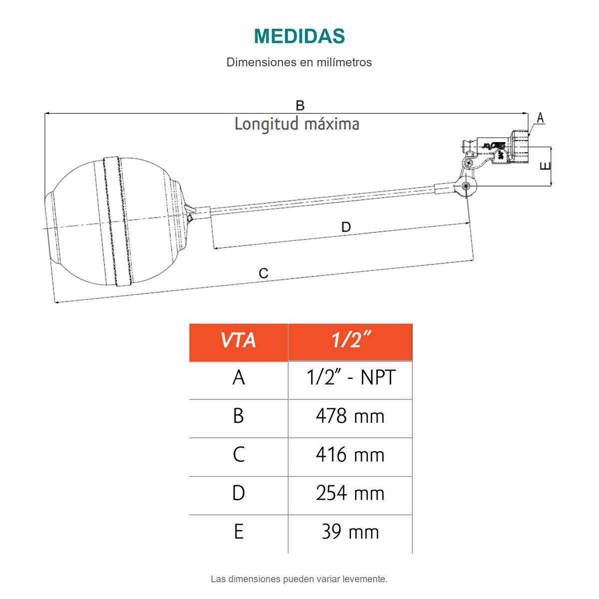 Croquis original de conjunto de válvula para tanque alto hembra de media pulgada, con sus cotas originales sin repasar trazos.
