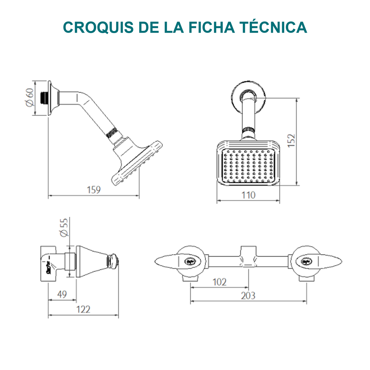 Conjunto mezclador de ducha Slim de 8 pulgadas cromado — croquis original