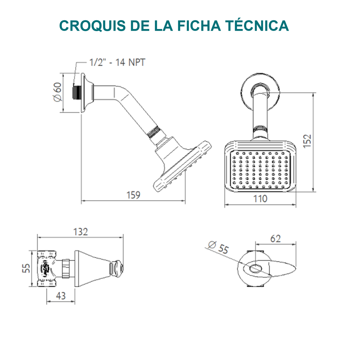Conjunto registro de ducha Slim cromado — croquis original