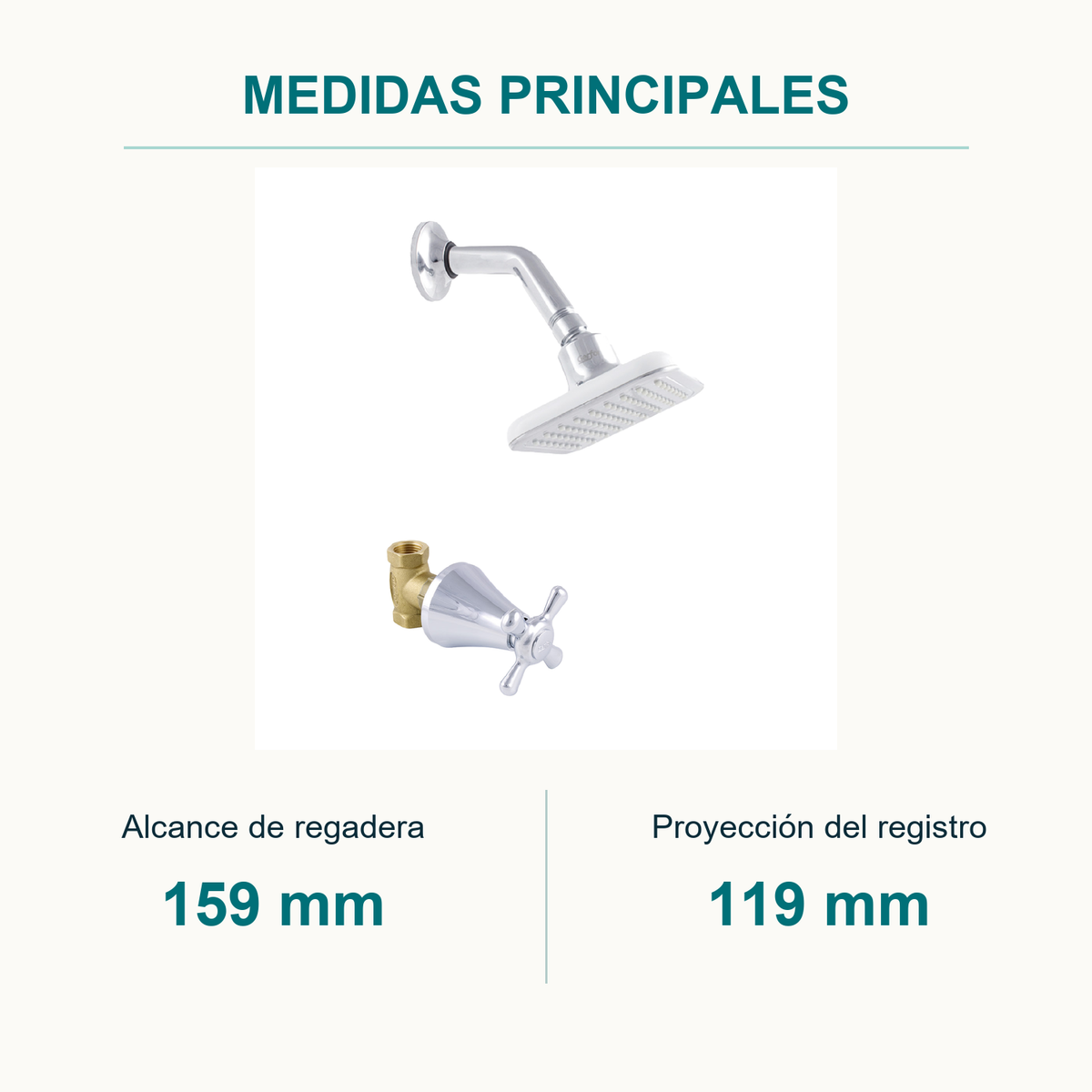 Conjunto registro de ducha Antius cromado — medidas principales