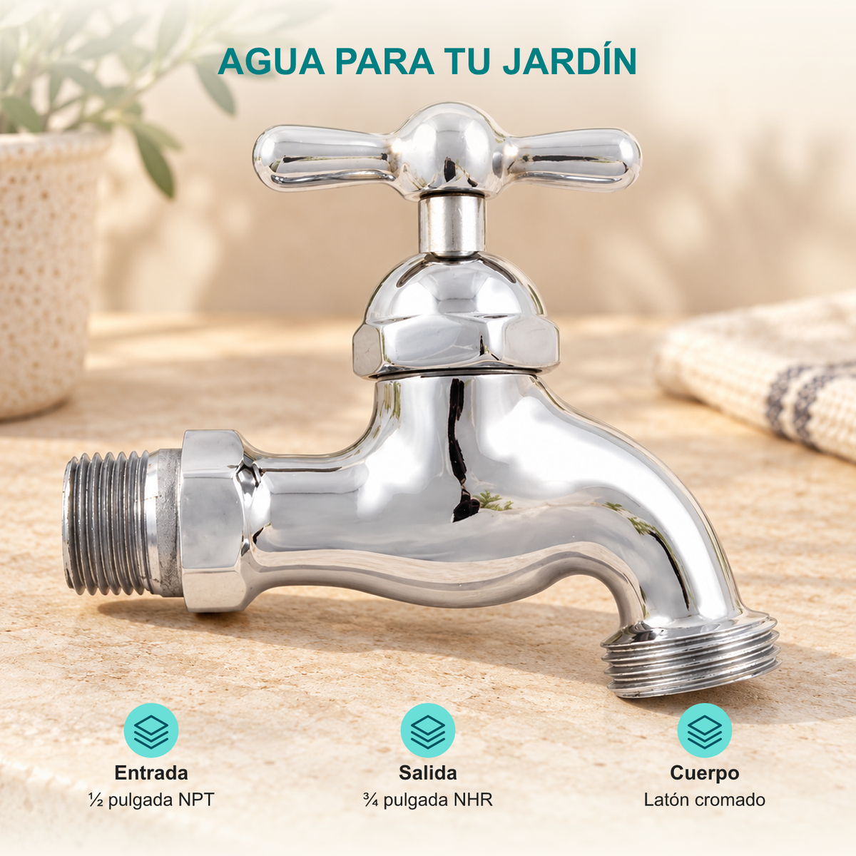 Llave para manguera superpesada cromada de media pulgada: Entrada: ½ pulgada NPT; Salida: ¾ pulgada NHR; Cuerpo: Latón cromado.