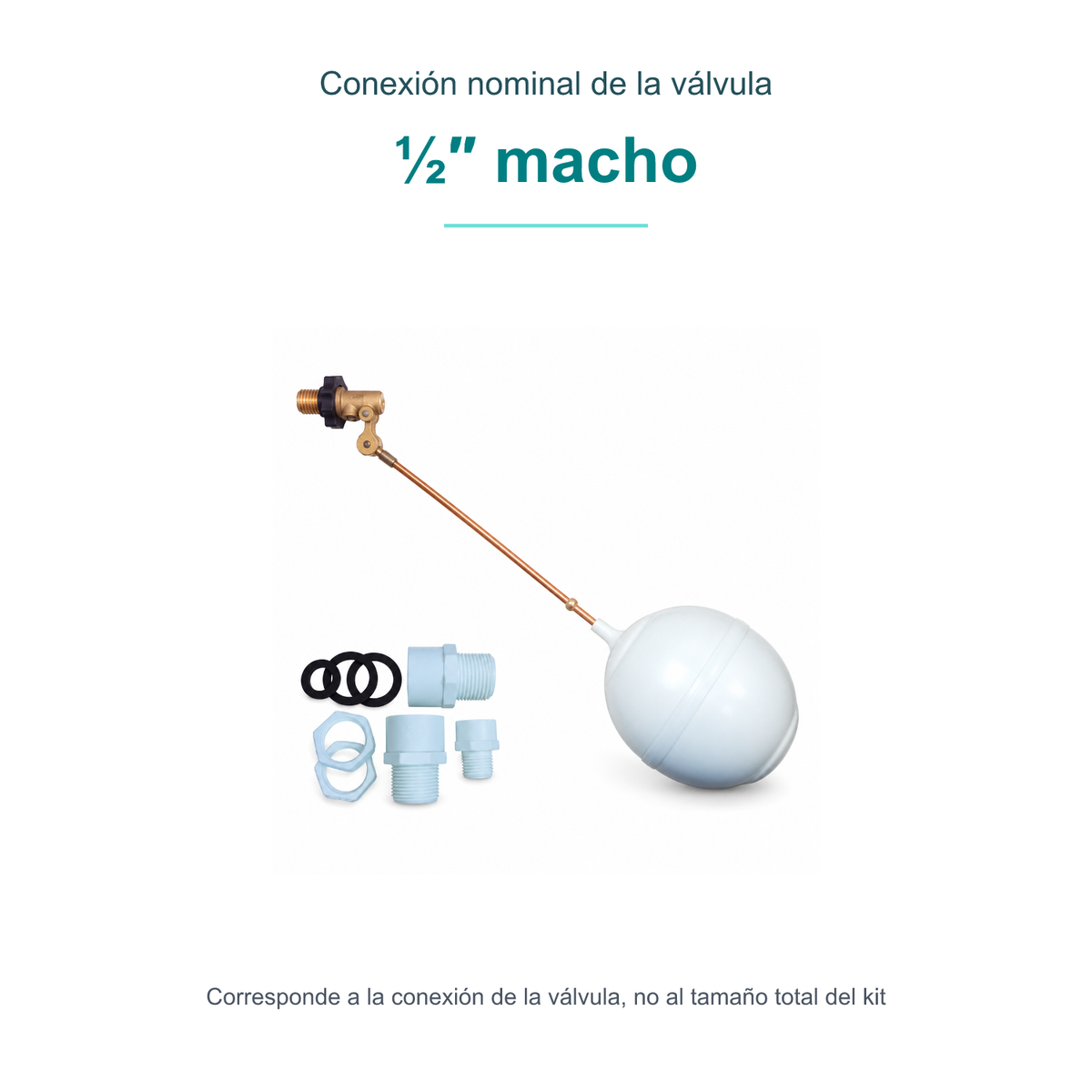 Conexión nominal de la válvula: ½″ macho. Corresponde a la conexión de la válvula, no al tamaño total del kit.